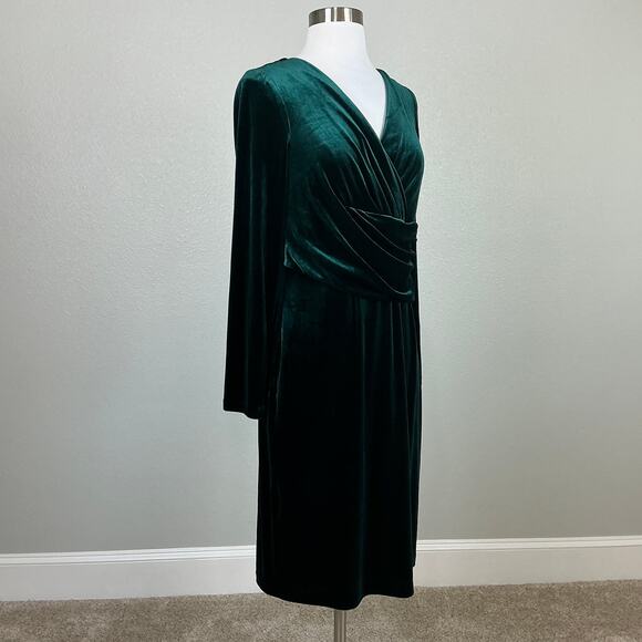 Eliza J Velvet Long Sleeve V-Neck Midi Sheath Cocktail Party Dress Green Size 12 - Picture 2 of 12